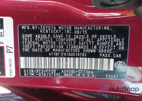 2016 Toyota Camry Se z USA, uszkodzony, nr VIN 4T1BF1FK1GU514783